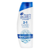 The 330ml Head & Shoulders 2-in-1 Classic Clean Anti-Dandruff & Conditioner bottle has a blue and white bubbly design, offering up to 100% dandruff protection with a refreshing cleanse and reliable results.